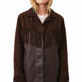 Women's Brown Suede And Leather Fringe Jacket - Western Style Mid Length Coat