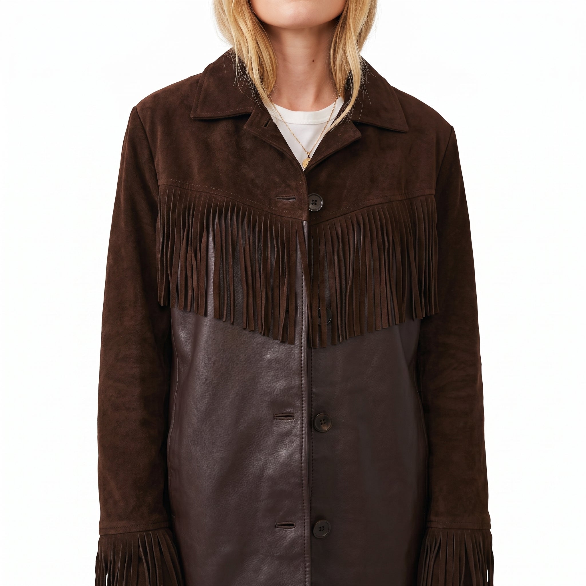 Women's Brown Suede And Leather Fringe Jacket - Western Style Mid Length Coat