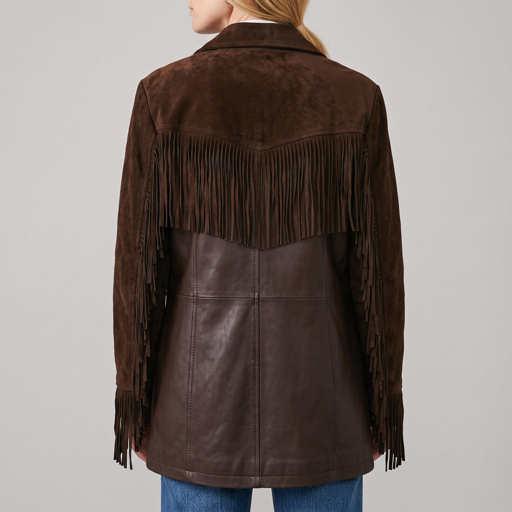 Women's Brown Suede And Leather Fringe Jacket - Western Style Mid Length Coat