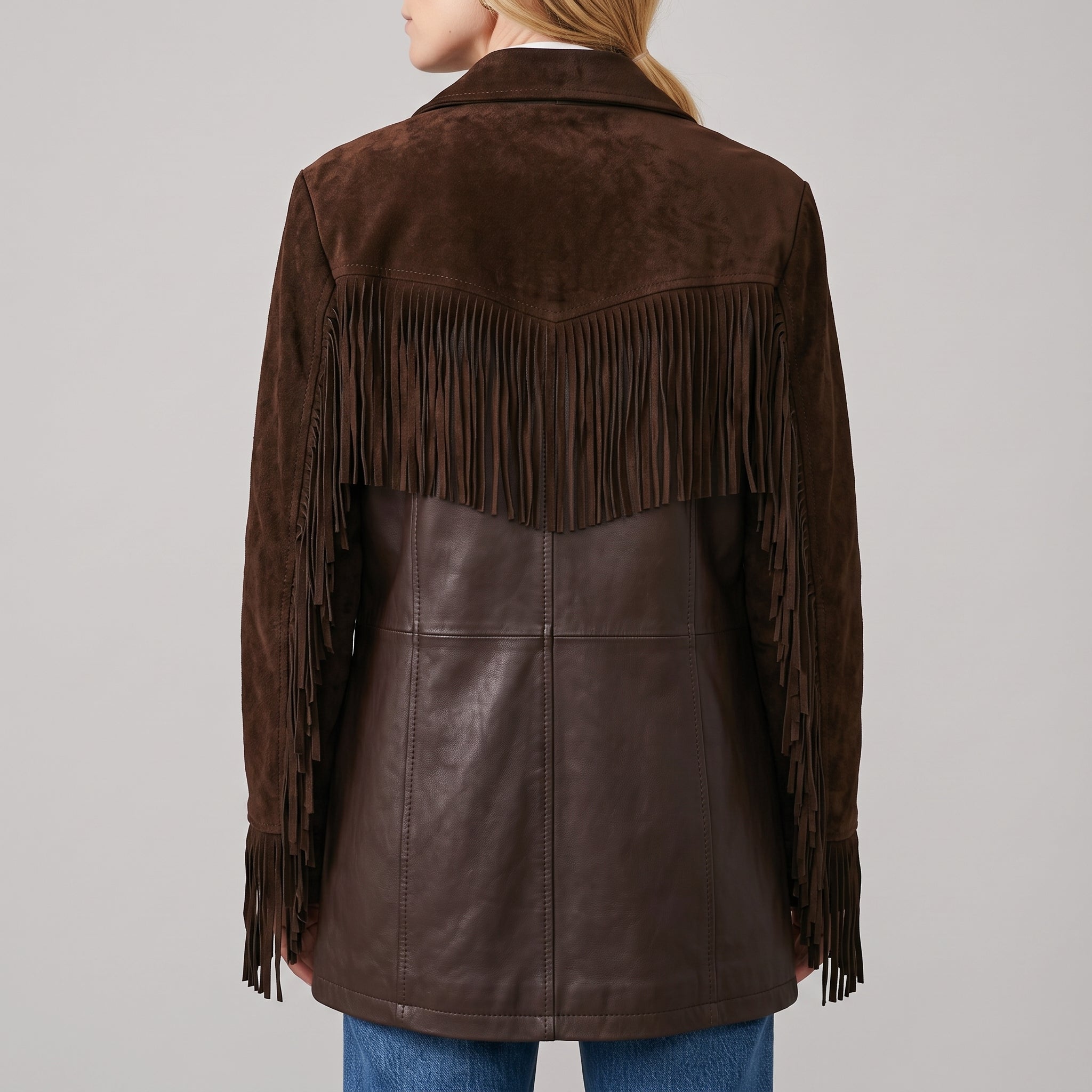Women's Brown Suede And Leather Fringe Jacket - Western Style Mid Length Coat