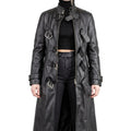 Black Leather Multi-Buckle Trench Coat - Women's Long Zip Duster Jacket