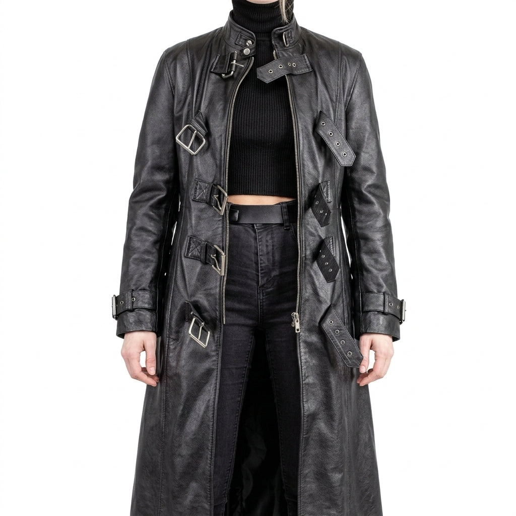 Black Leather Multi-Buckle Trench Coat - Women's Long Zip Duster Jacket