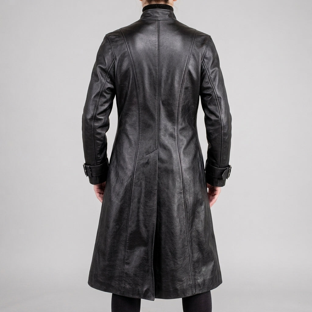 Black Leather Multi-Buckle Trench Coat - Women's Long Zip Duster Jacket