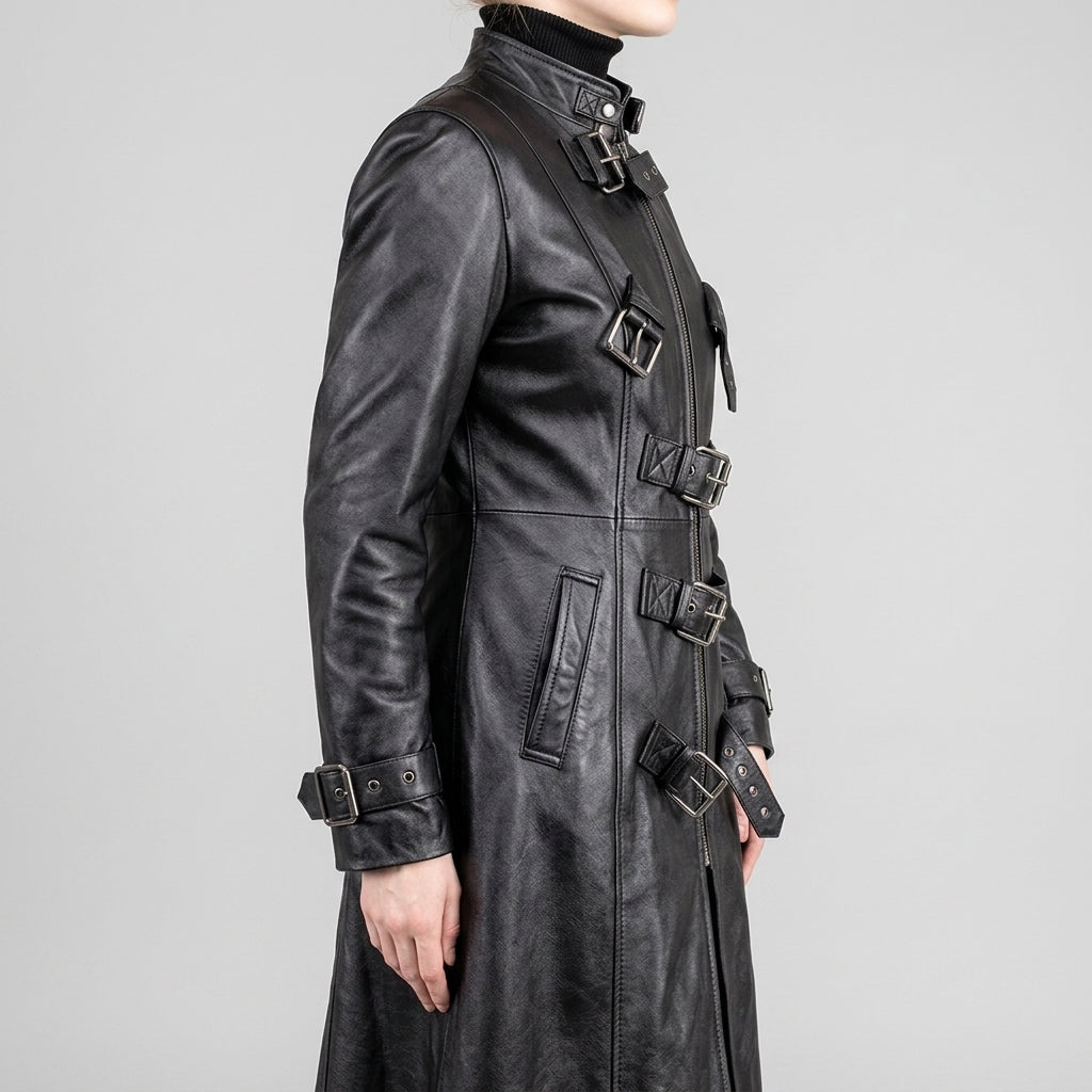 Black Leather Multi-Buckle Trench Coat - Women's Long Zip Duster Jacket