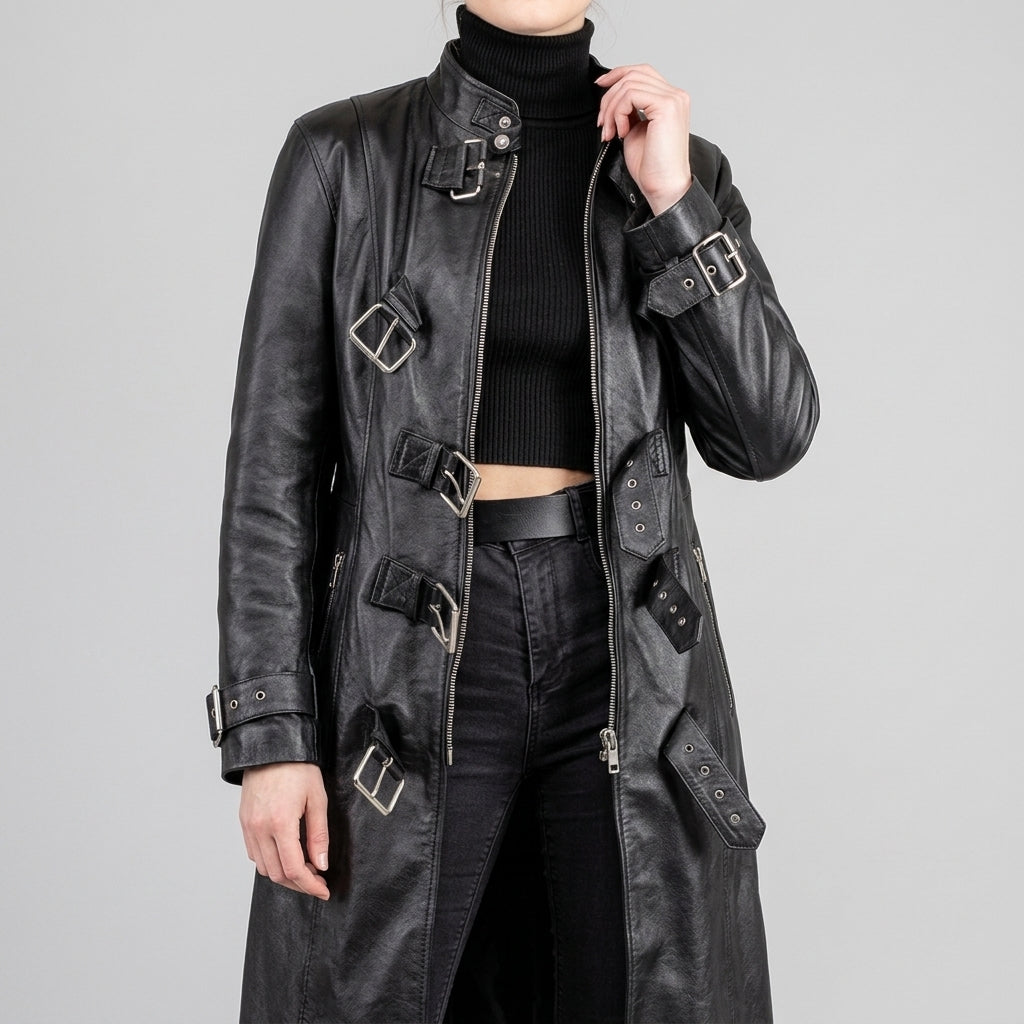 Black Leather Multi-Buckle Trench Coat - Women's Long Zip Duster Jacket