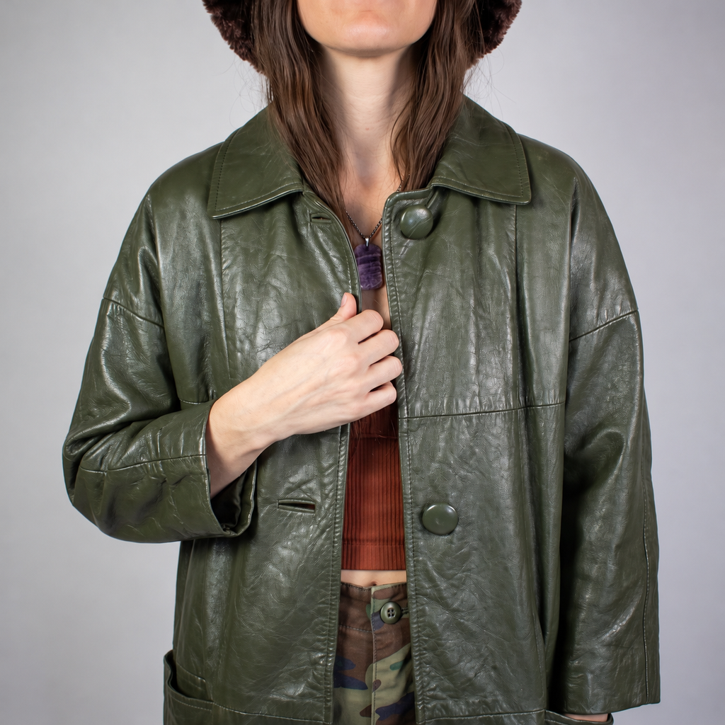 Olive Green Leather Longline Coat - Women's Oversized Swing Coat