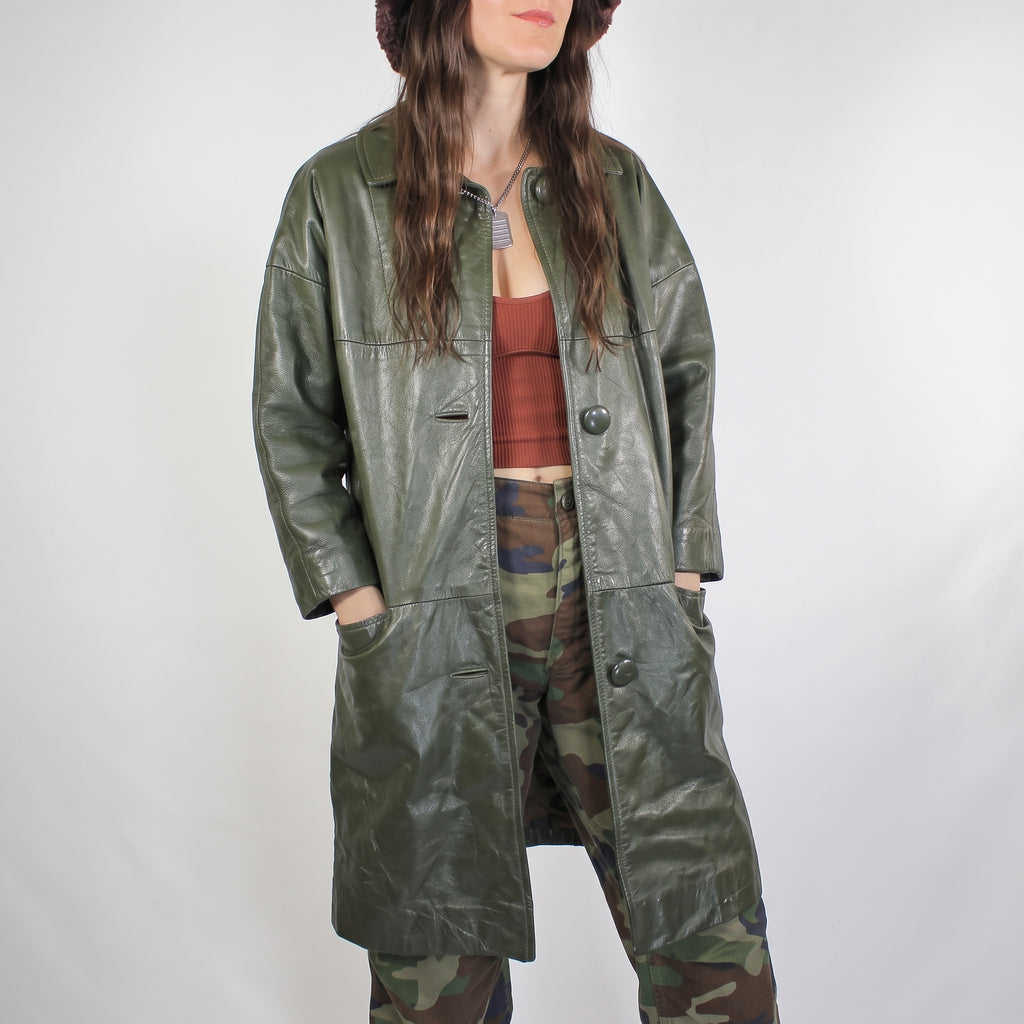 Olive Green Leather Longline Coat - Women's Oversized Swing Coat
