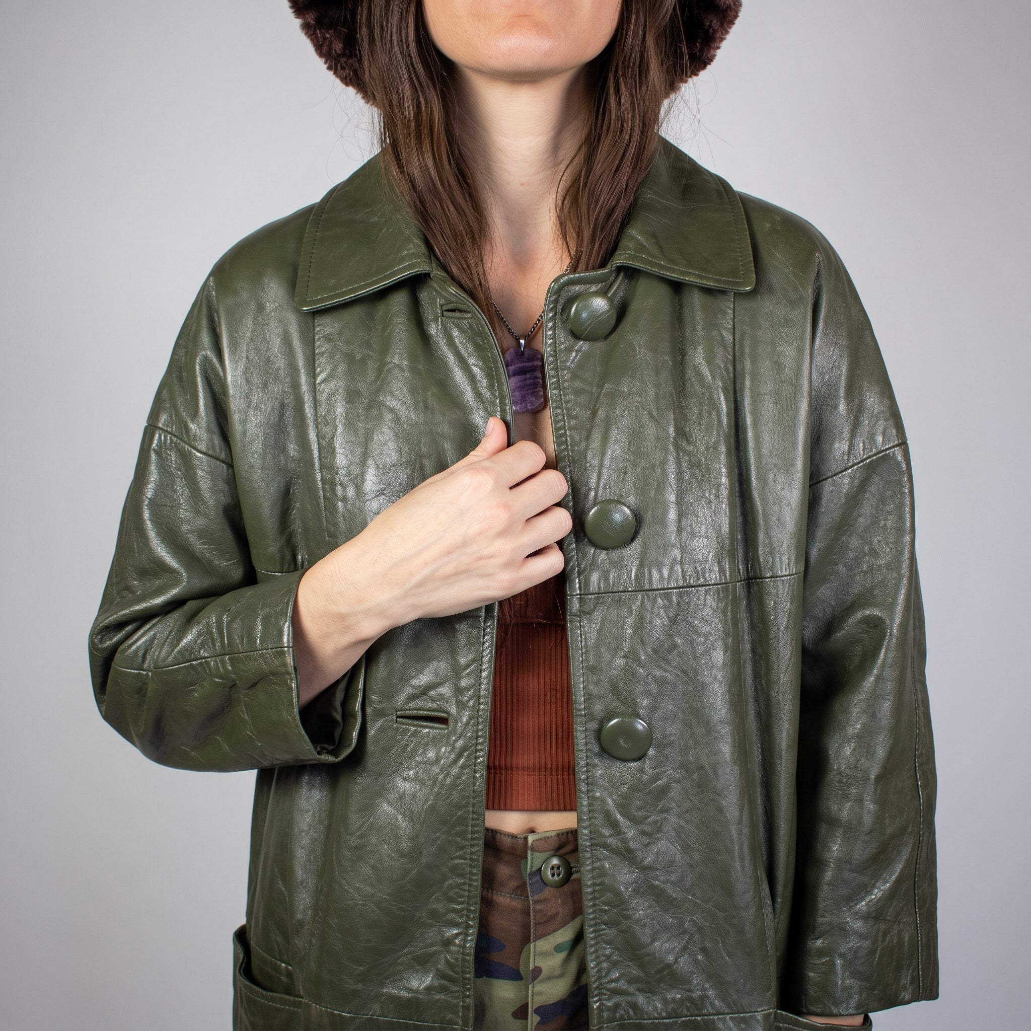 Olive Green Leather Longline Coat - Women's Oversized Swing Coat