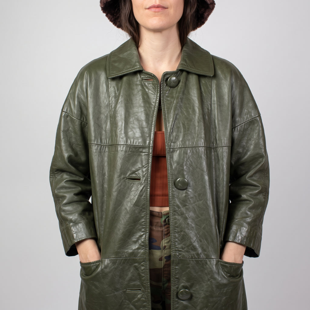 Olive Green Leather Longline Coat - Women's Oversized Swing Coat