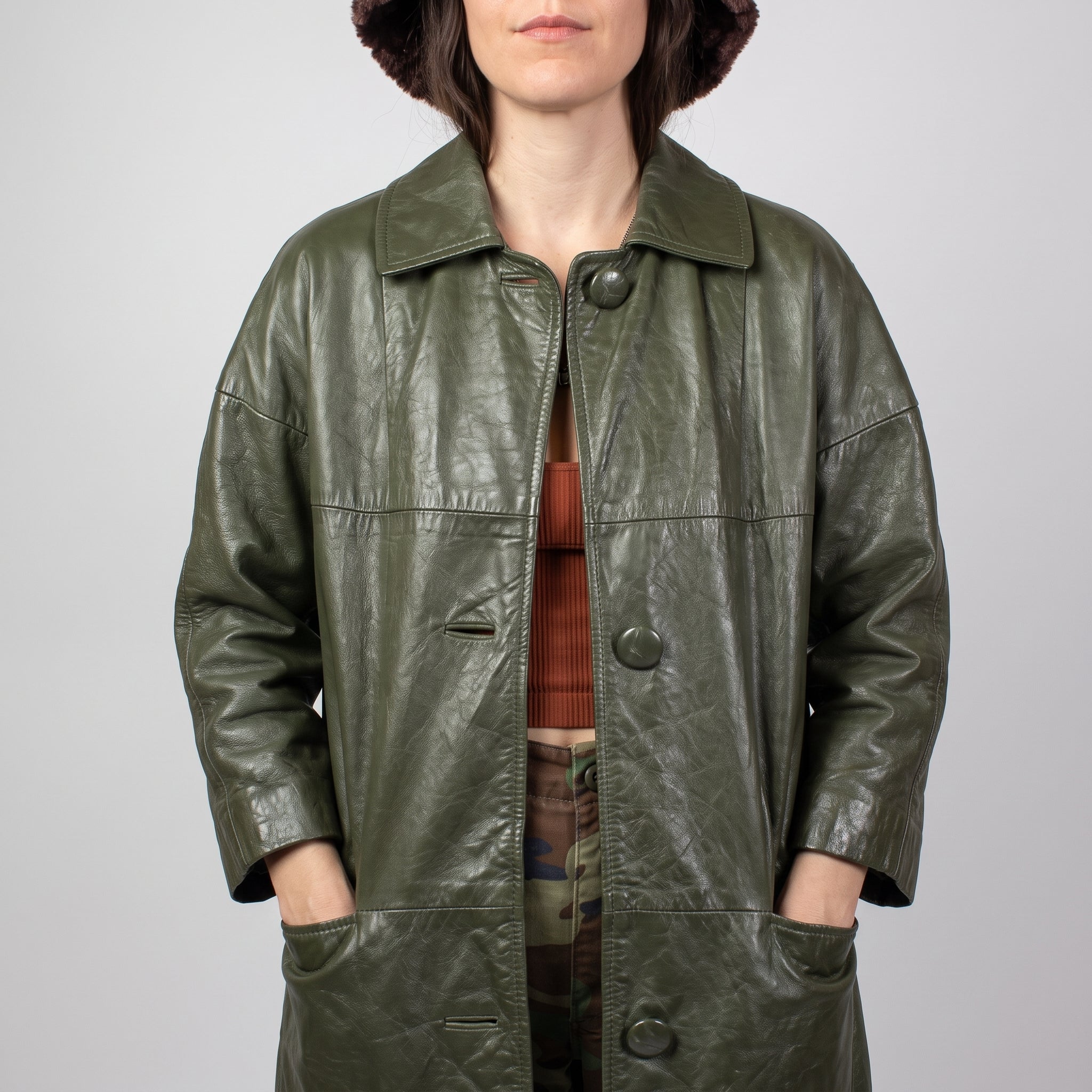 Olive Green Leather Longline Coat - Women's Oversized Swing Coat