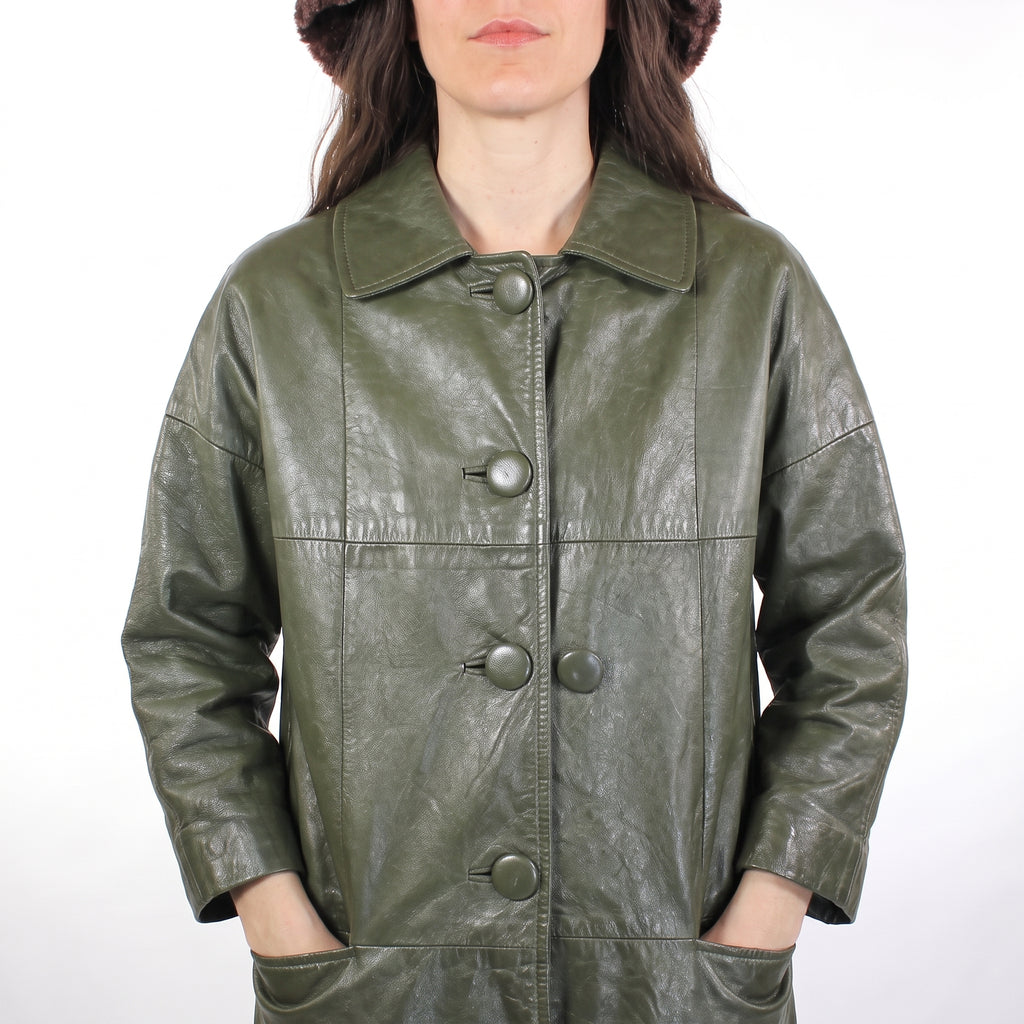 Olive Green Leather Longline Coat - Women's Oversized Swing Coat