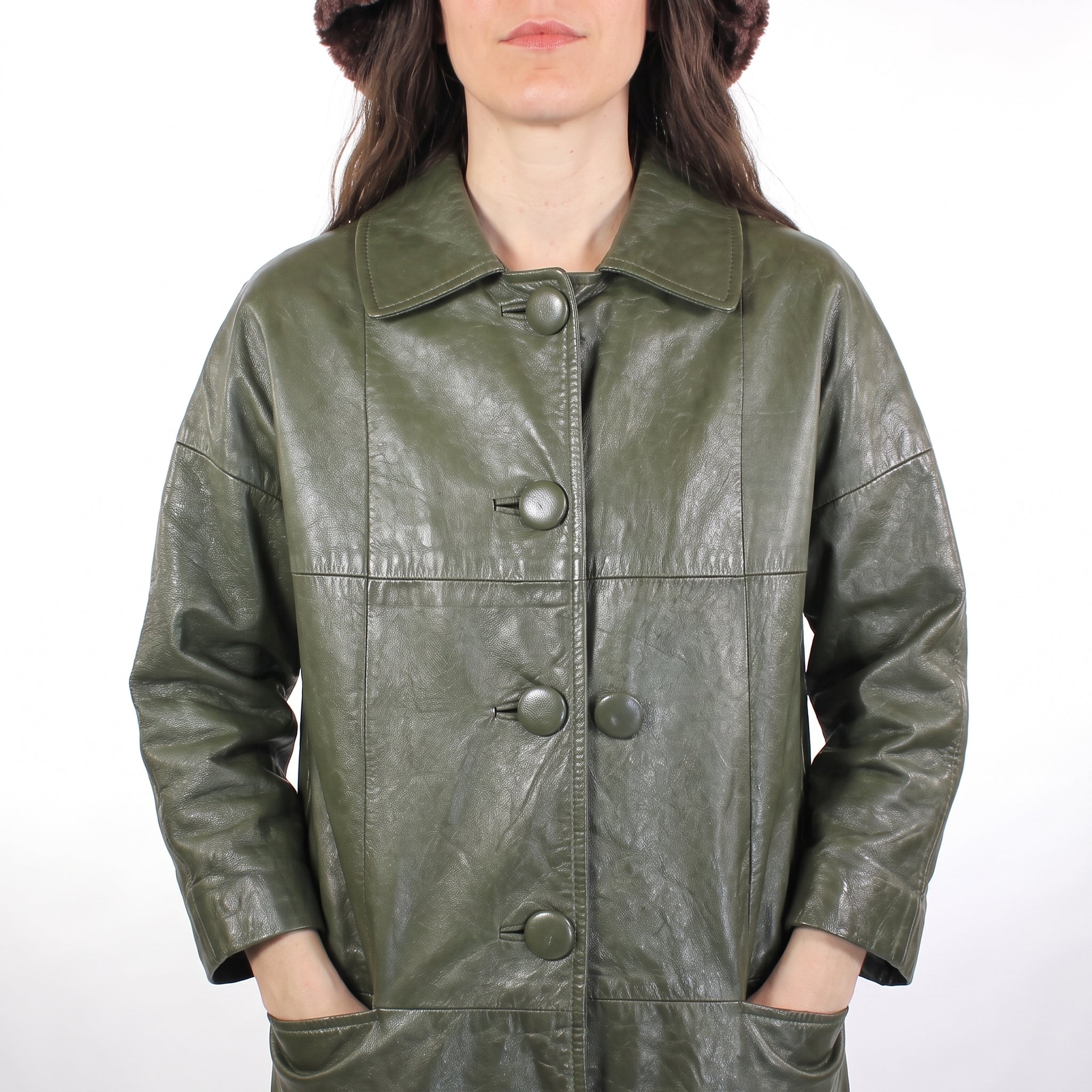 Olive Green Leather Longline Coat - Women's Oversized Swing Coat