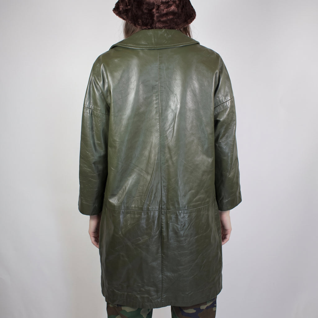 Olive Green Leather Longline Coat - Women's Oversized Swing Coat
