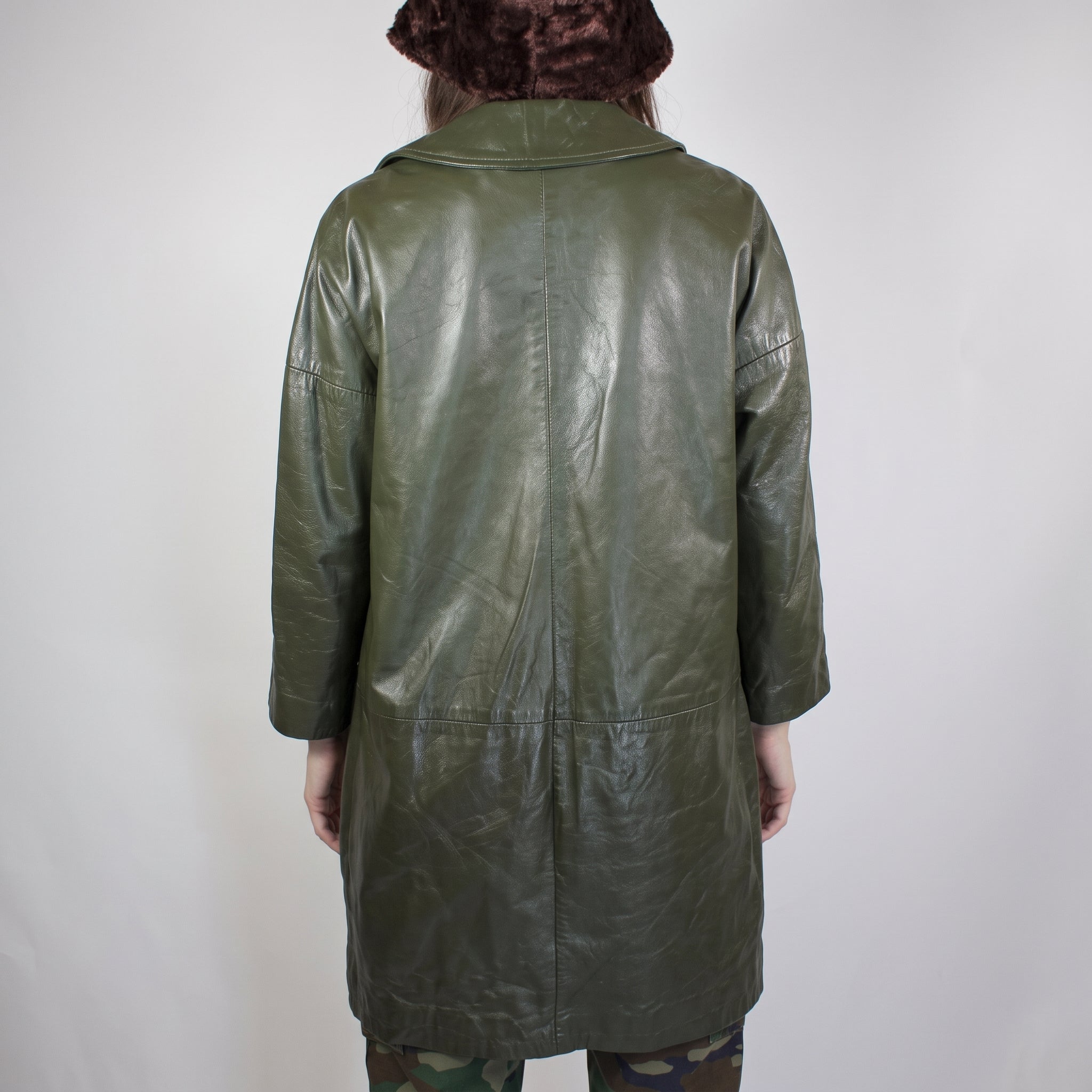 Olive Green Leather Longline Coat - Women's Oversized Swing Coat