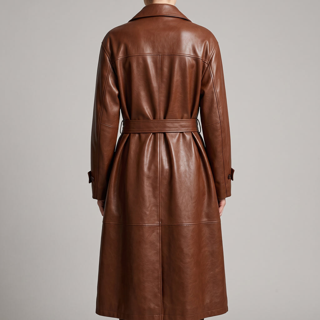 Women's Cognac Leather Belted Trench Coat