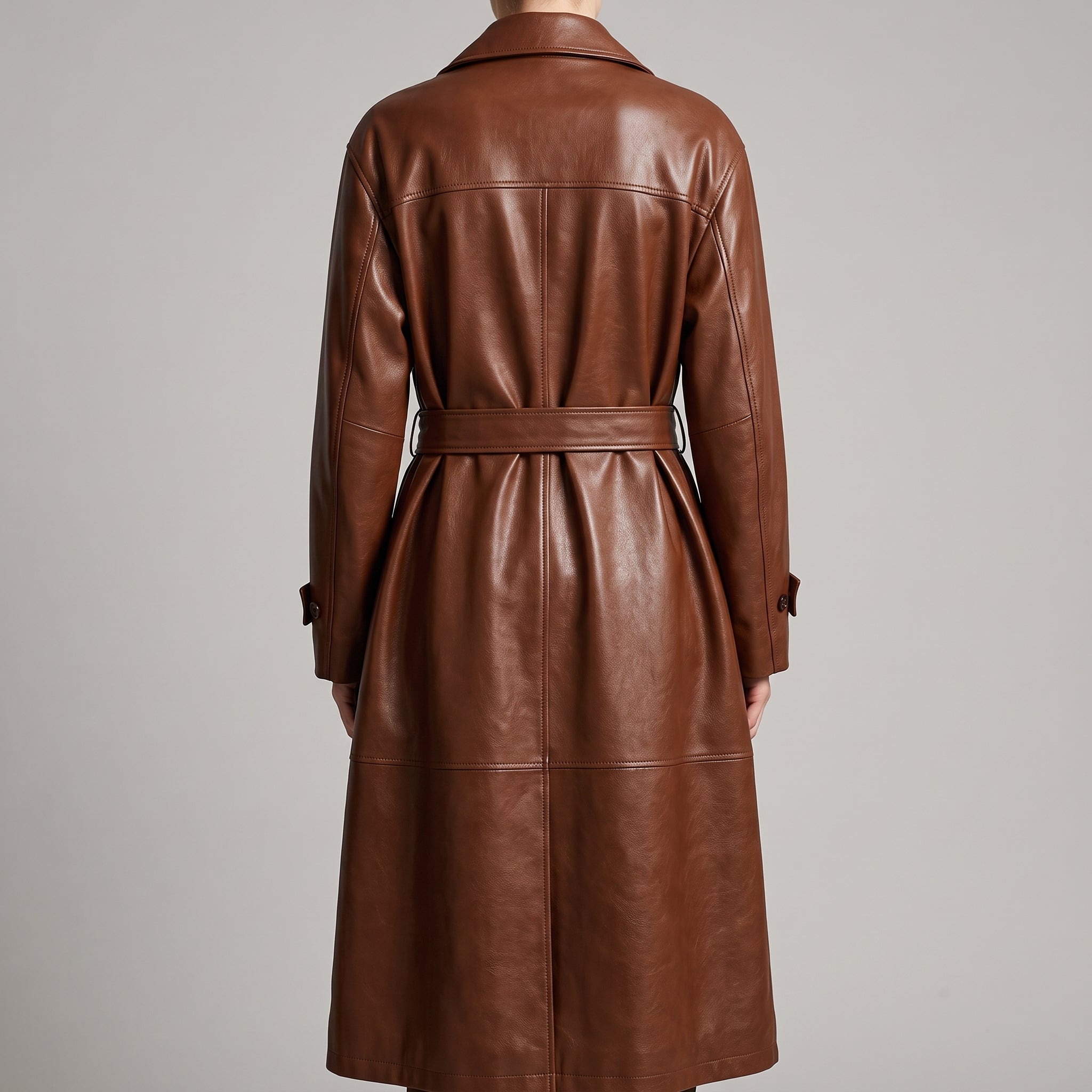 Women's Cognac Leather Belted Trench Coat