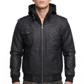 Black Leather Hooded Bomber Jacket - Men's Zip-Front Jacket with Hood