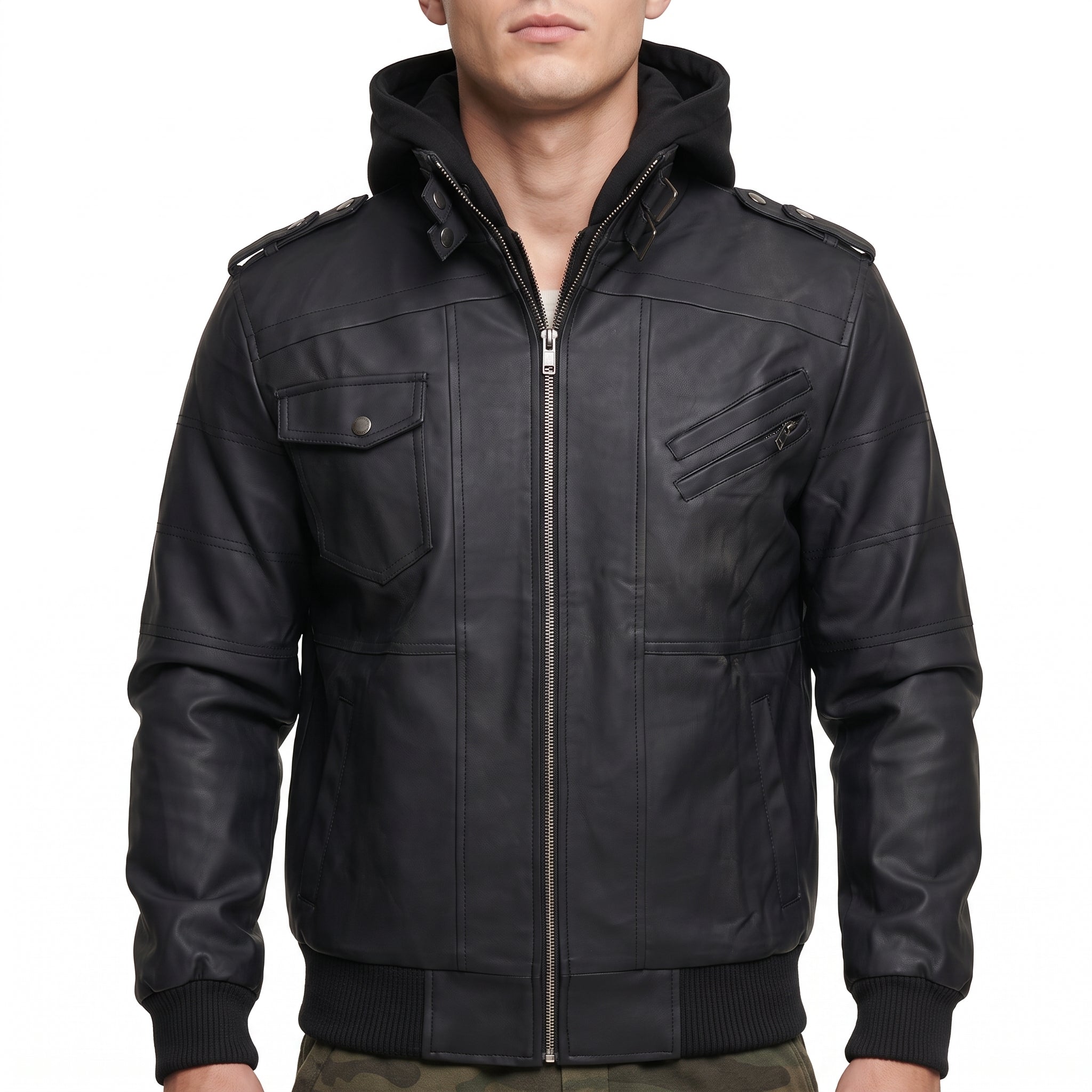 Black Leather Hooded Bomber Jacket - Men's Zip-Front Jacket with Hood