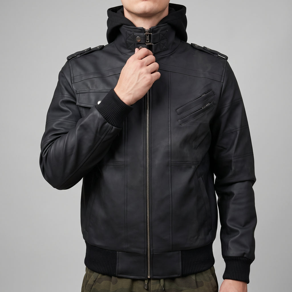 Black Leather Hooded Bomber Jacket - Men's Zip-Front Jacket with Hood