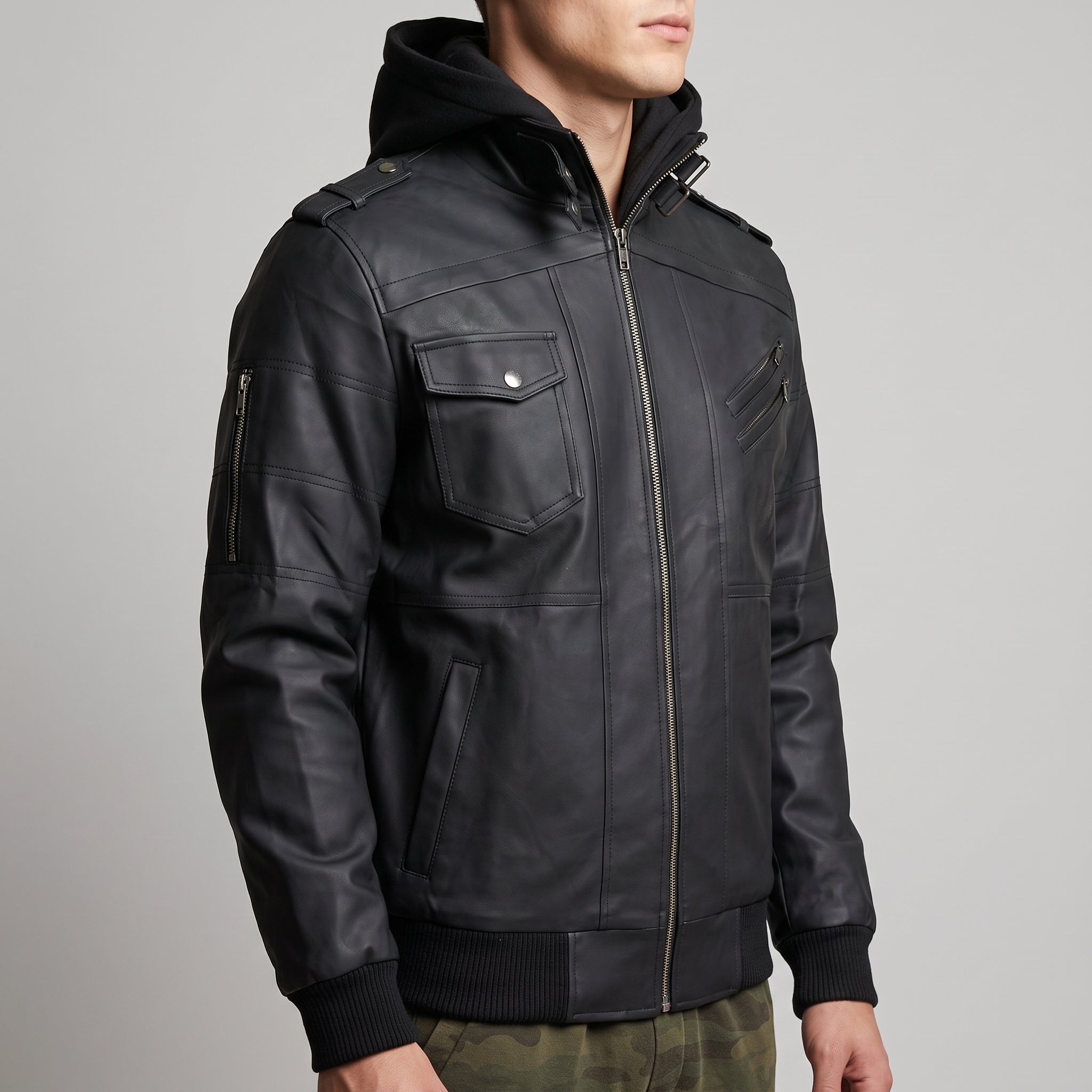 Black Leather Hooded Bomber Jacket - Men's Zip-Front Jacket with Hood