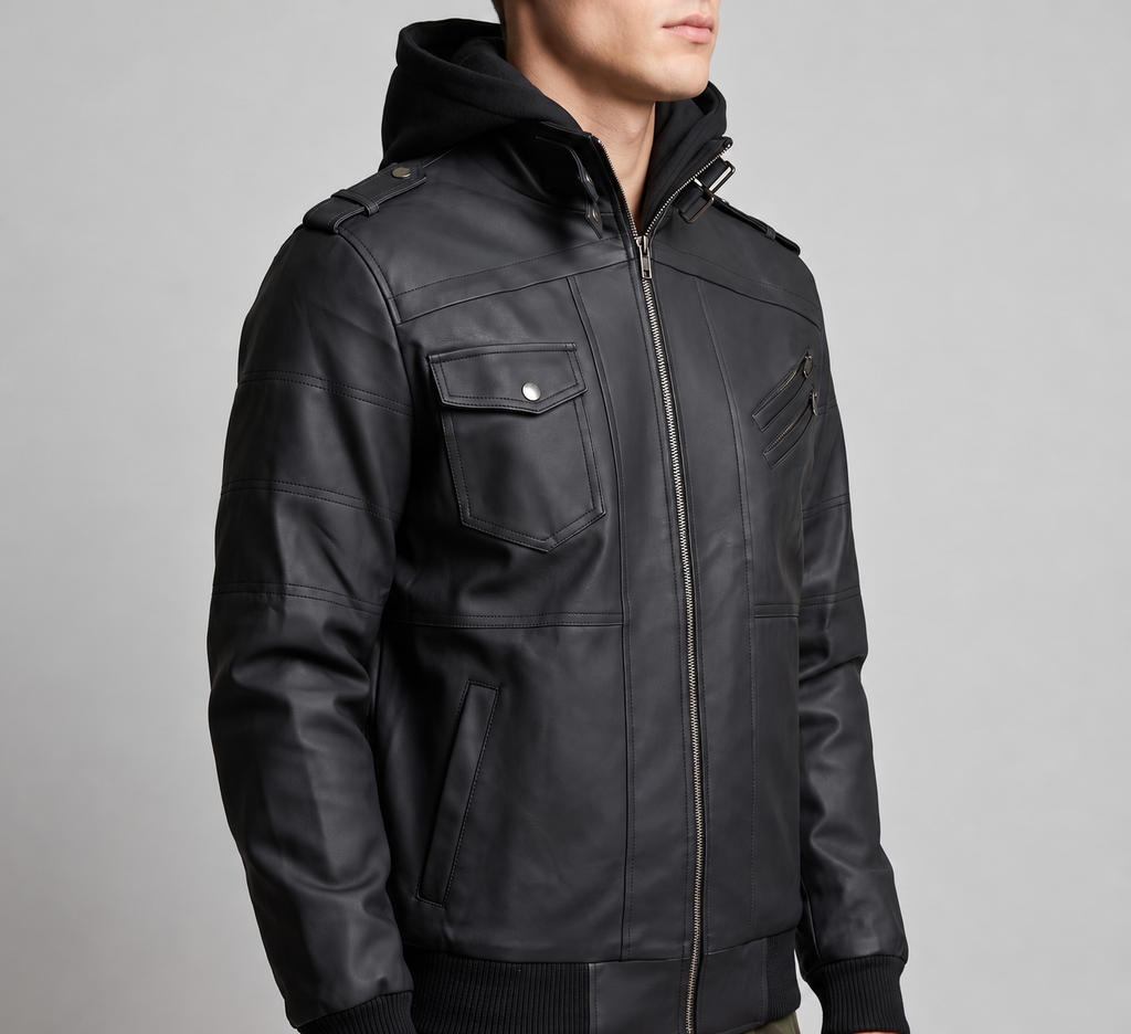 Black Leather Hooded Bomber Jacket - Men's Zip-Front Jacket with Hood