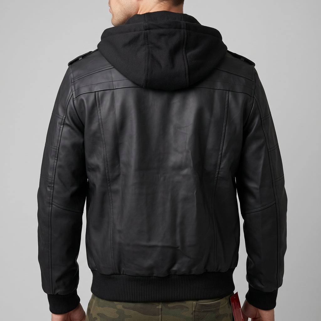 Black Leather Hooded Bomber Jacket - Men's Zip-Front Jacket with Hood