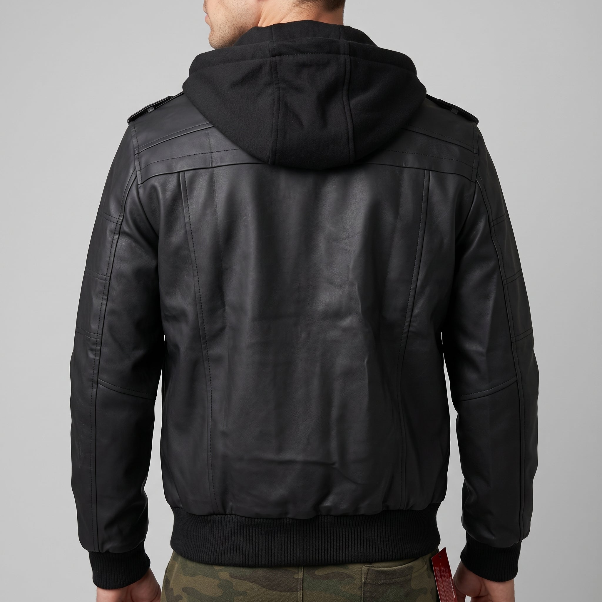 Black Leather Hooded Bomber Jacket - Men's Zip-Front Jacket with Hood