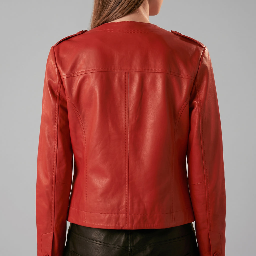 Red Leather Shirt Jacket — Women's Button-Front Epaulette Jacket