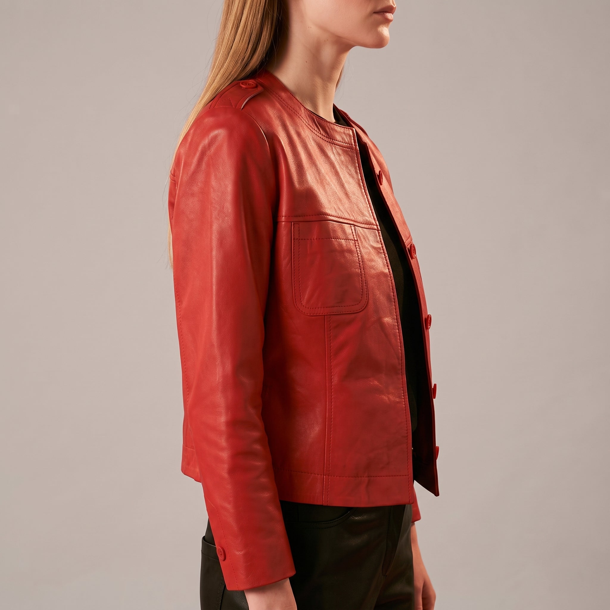 Red Leather Shirt Jacket — Women's Button-Front Epaulette Jacket