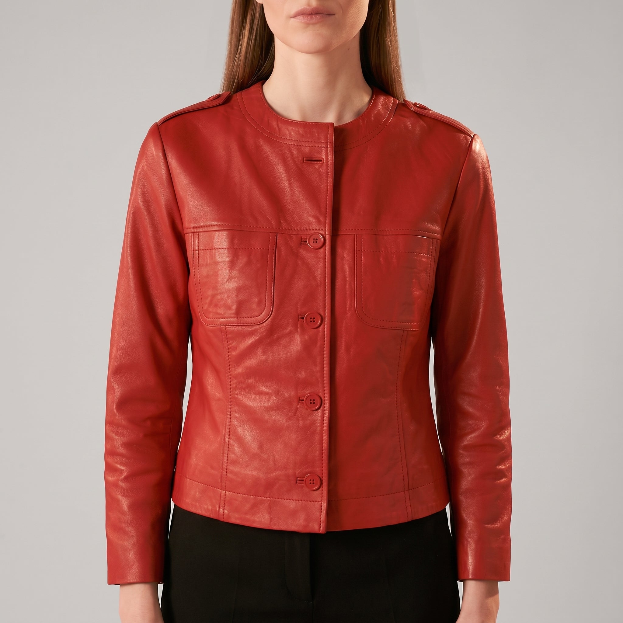 Red Leather Shirt Jacket — Women's Button-Front Epaulette Jacket