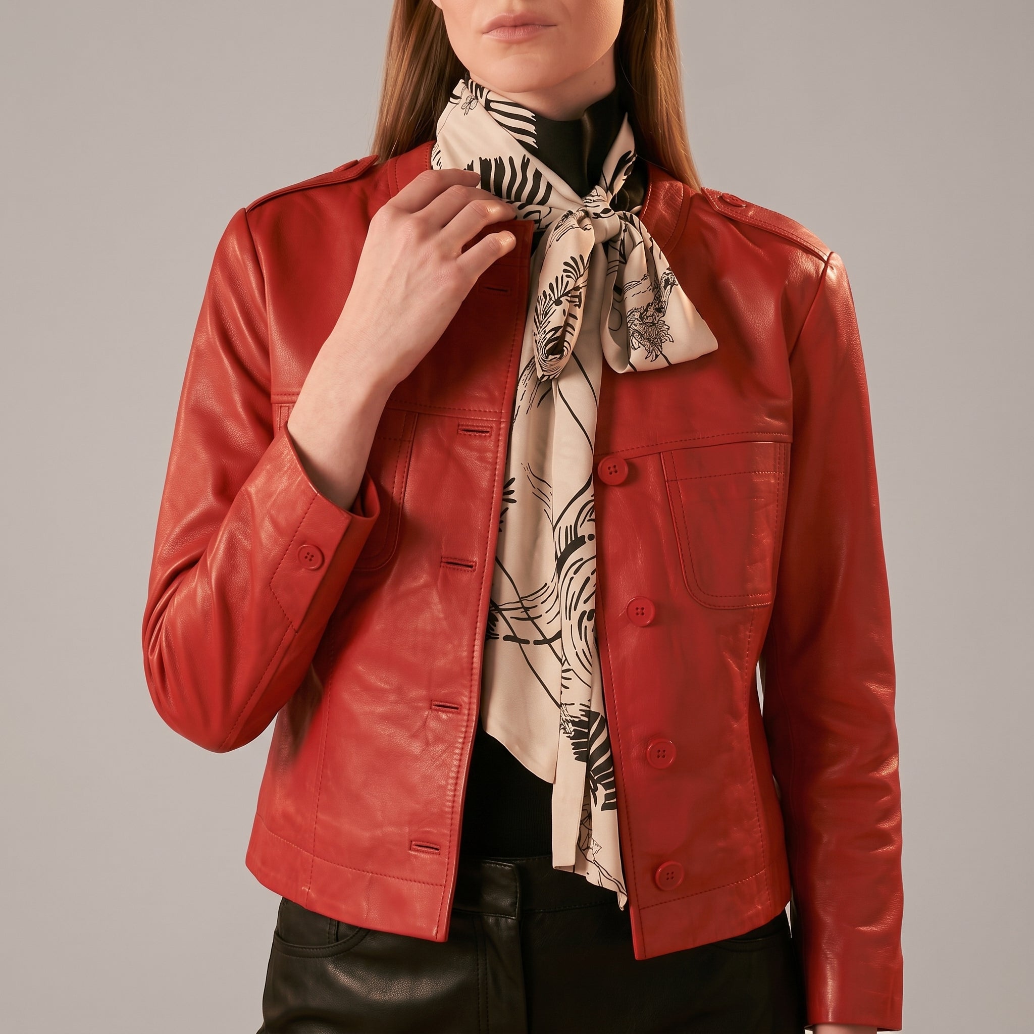 Red Leather Shirt Jacket — Women's Button-Front Epaulette Jacket
