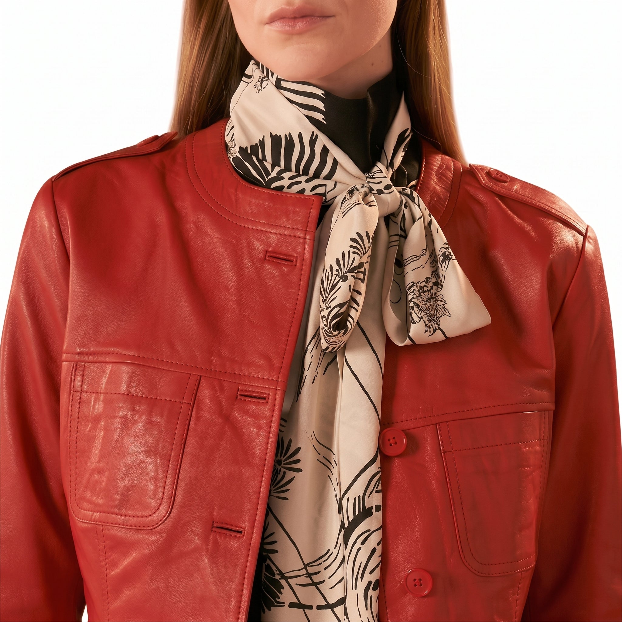 Red Leather Shirt Jacket — Women's Button-Front Epaulette Jacket