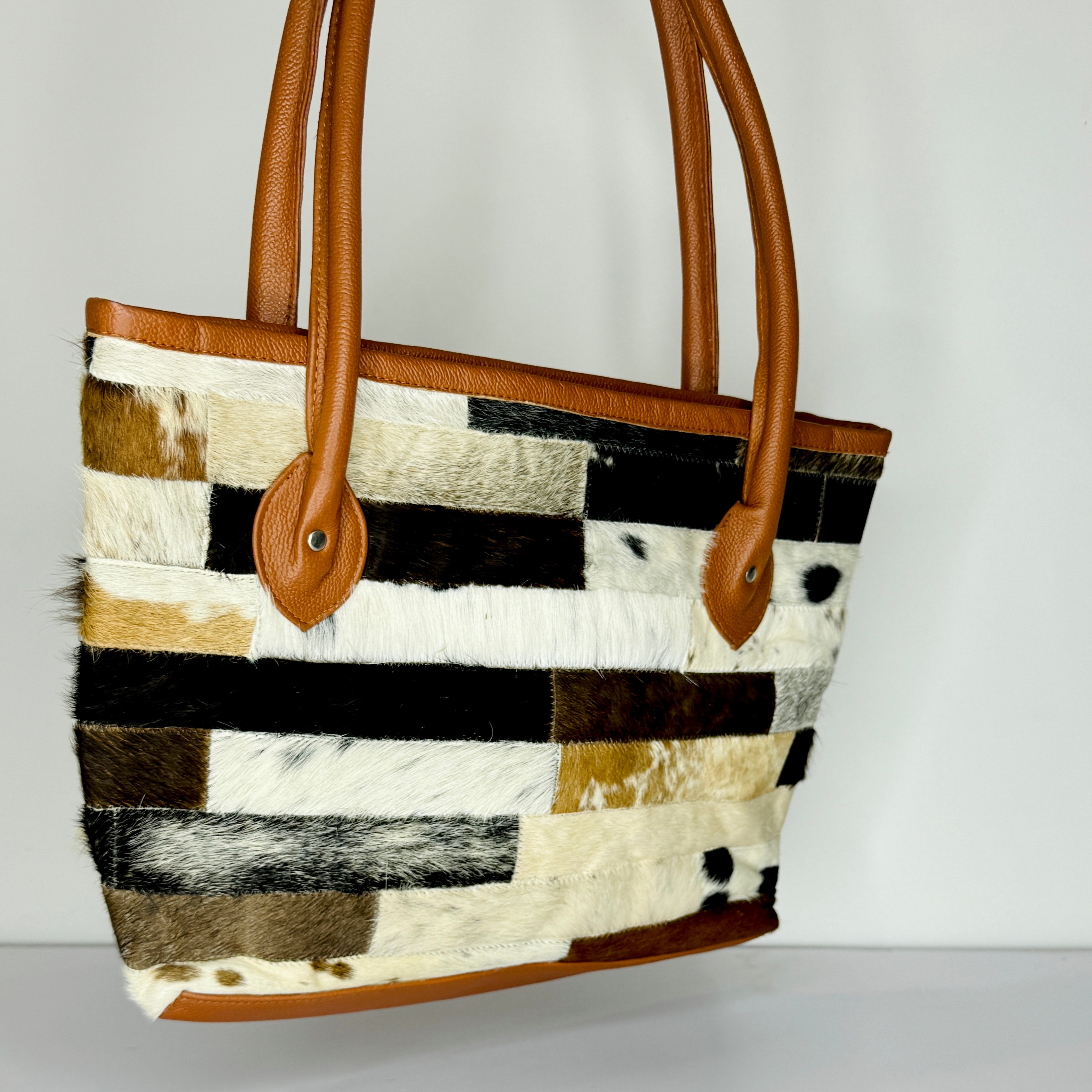 Striped Patchwork Cowhide Leather Tote Bag - Genuine Hair-On-Hide Shoulder Bag
