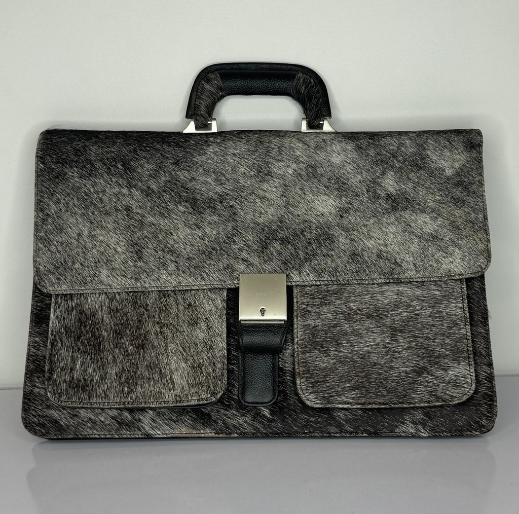 Black Leather Laptop Bag with Cowhide Trim – Slim Zip Portfolio Case