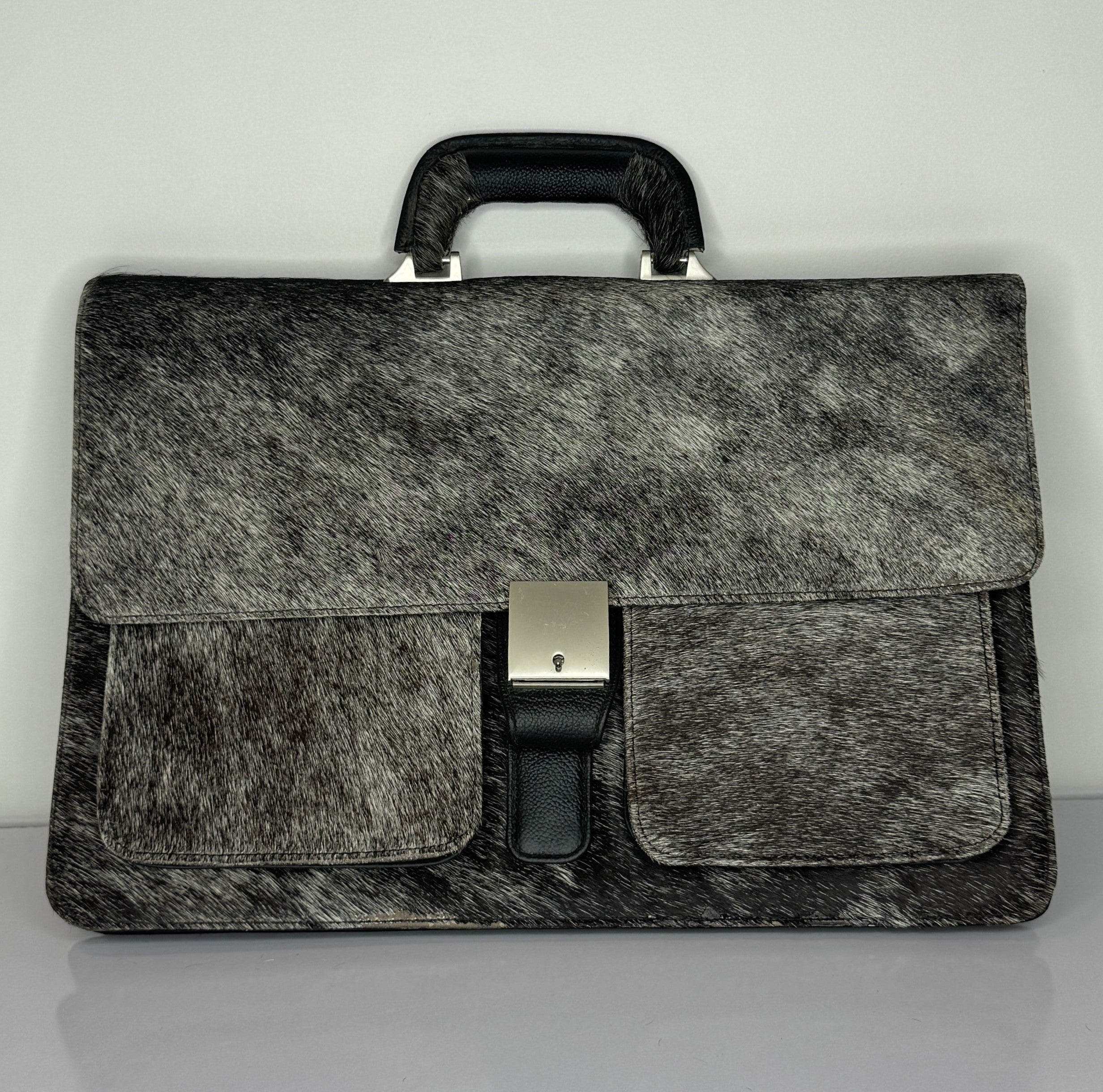 Black Leather Laptop Bag with Cowhide Trim – Slim Zip Portfolio Case