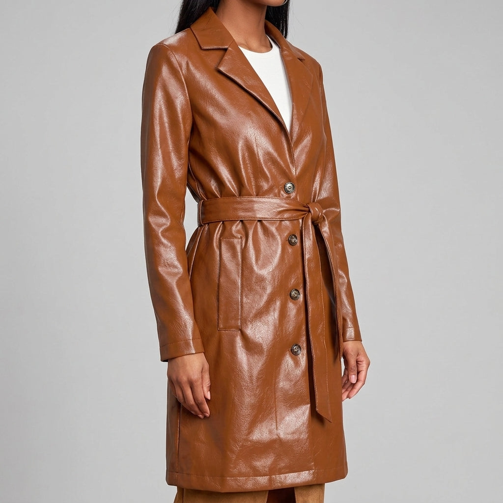 Cognac Leather Belted Topper Coat - Women's Notch-Lapel Trench Coat