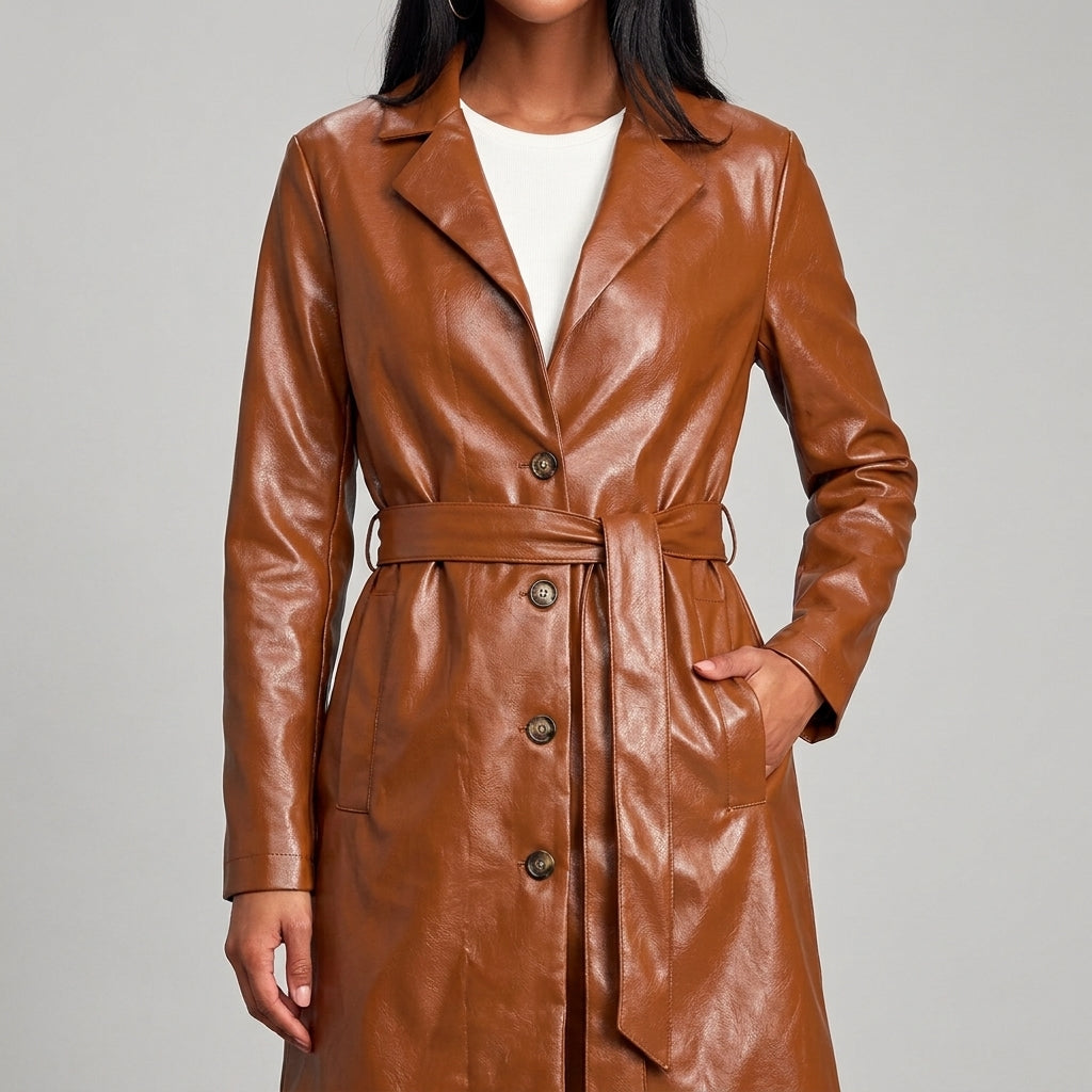 Cognac Leather Belted Topper Coat - Women's Notch-Lapel Trench Coat
