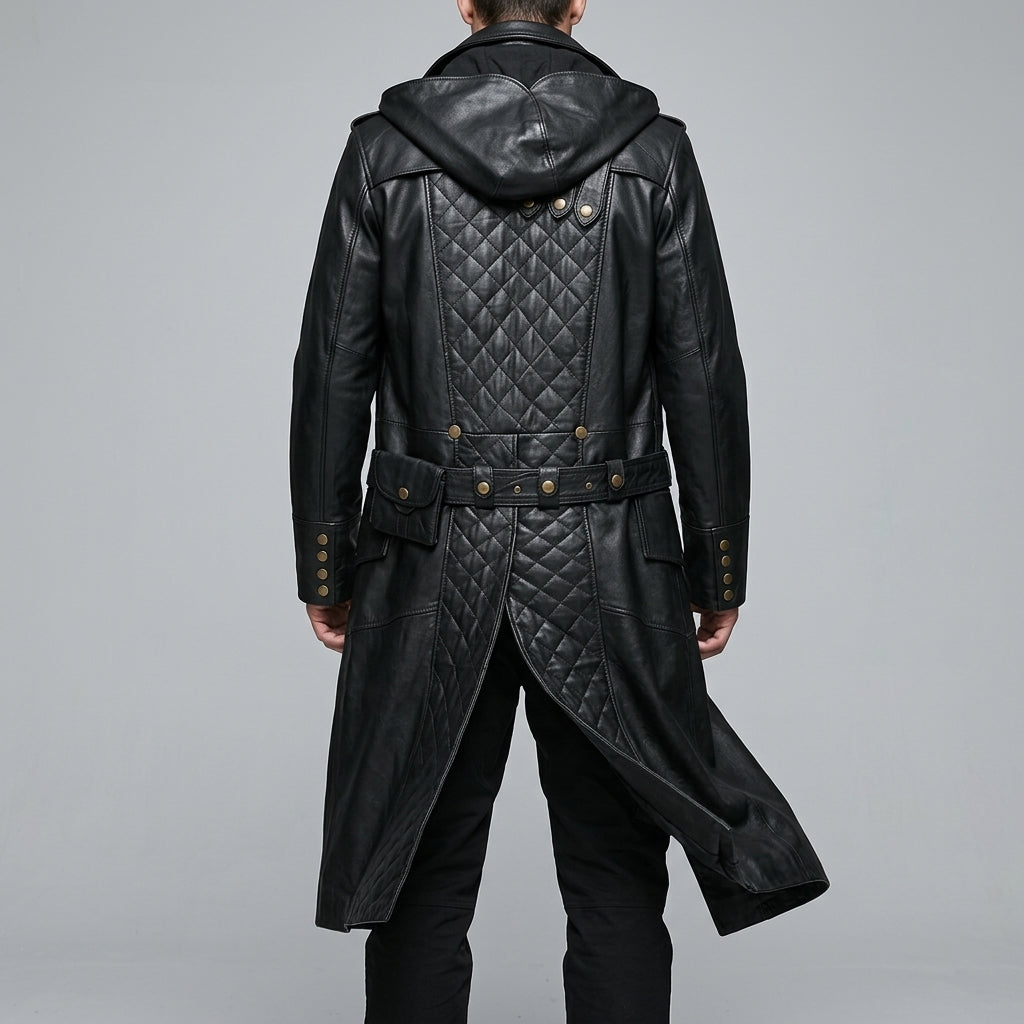 Black Leather Hooded Quilted Trench Coat - Men's Belted Long Coat