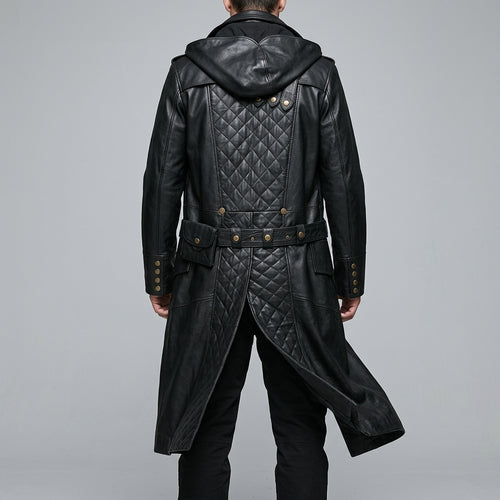Black Leather Hooded Quilted Trench Coat - Men's Belted Long Coat
