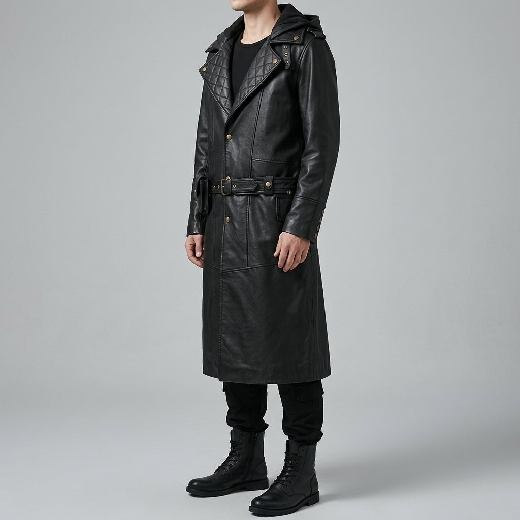 Black Leather Hooded Quilted Trench Coat - Men's Belted Long Coat
