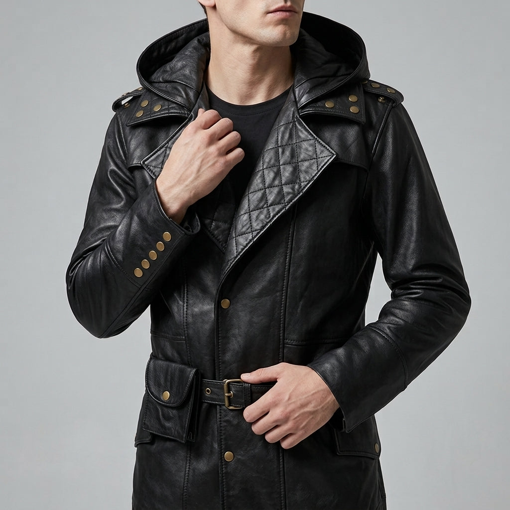 Black Leather Hooded Quilted Trench Coat - Men's Belted Long Coat
