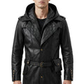 Black Leather Hooded Quilted Trench Coat - Men's Belted Long Coat