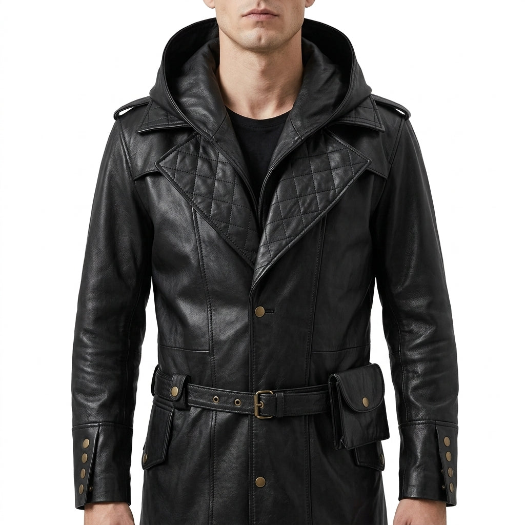 Black Leather Hooded Quilted Trench Coat - Men's Belted Long Coat