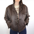 Brown Leather Oversized Jacket - Women's Distressed Button-Front Jacket