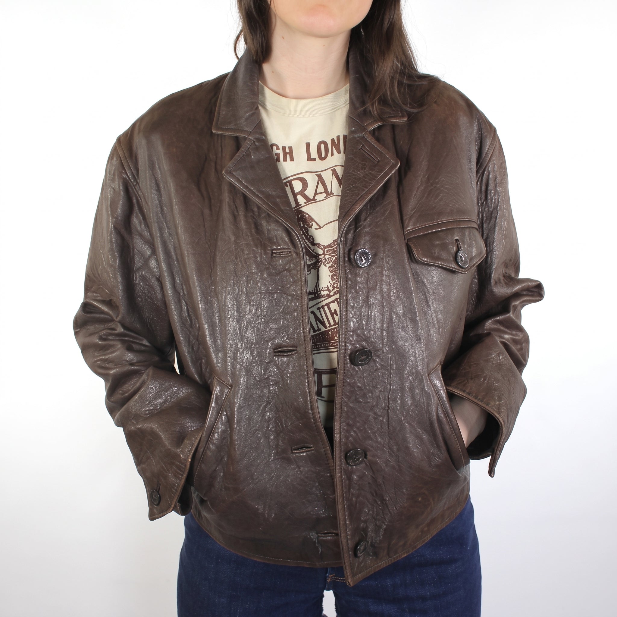 Brown Leather Oversized Jacket - Women's Distressed Button-Front Jacket