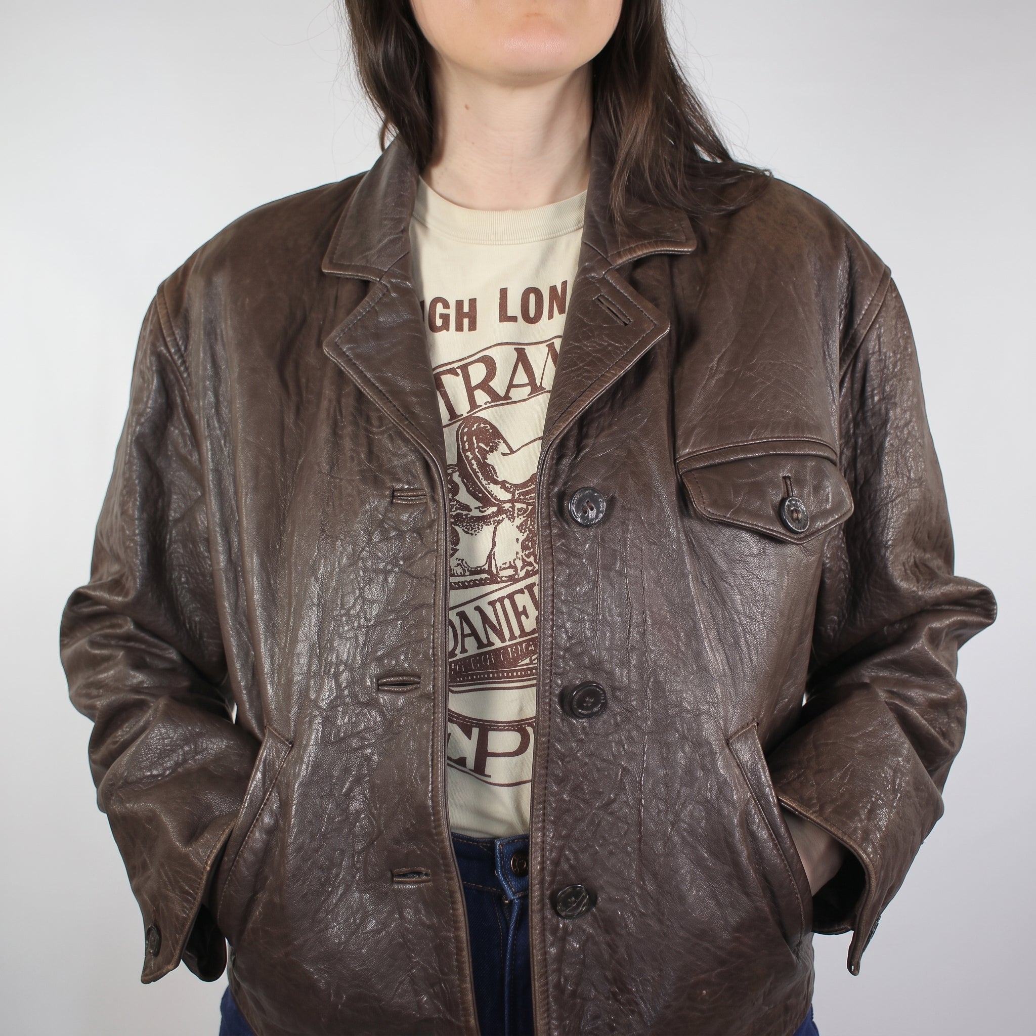 Brown Leather Oversized Jacket - Women's Distressed Button-Front Jacket