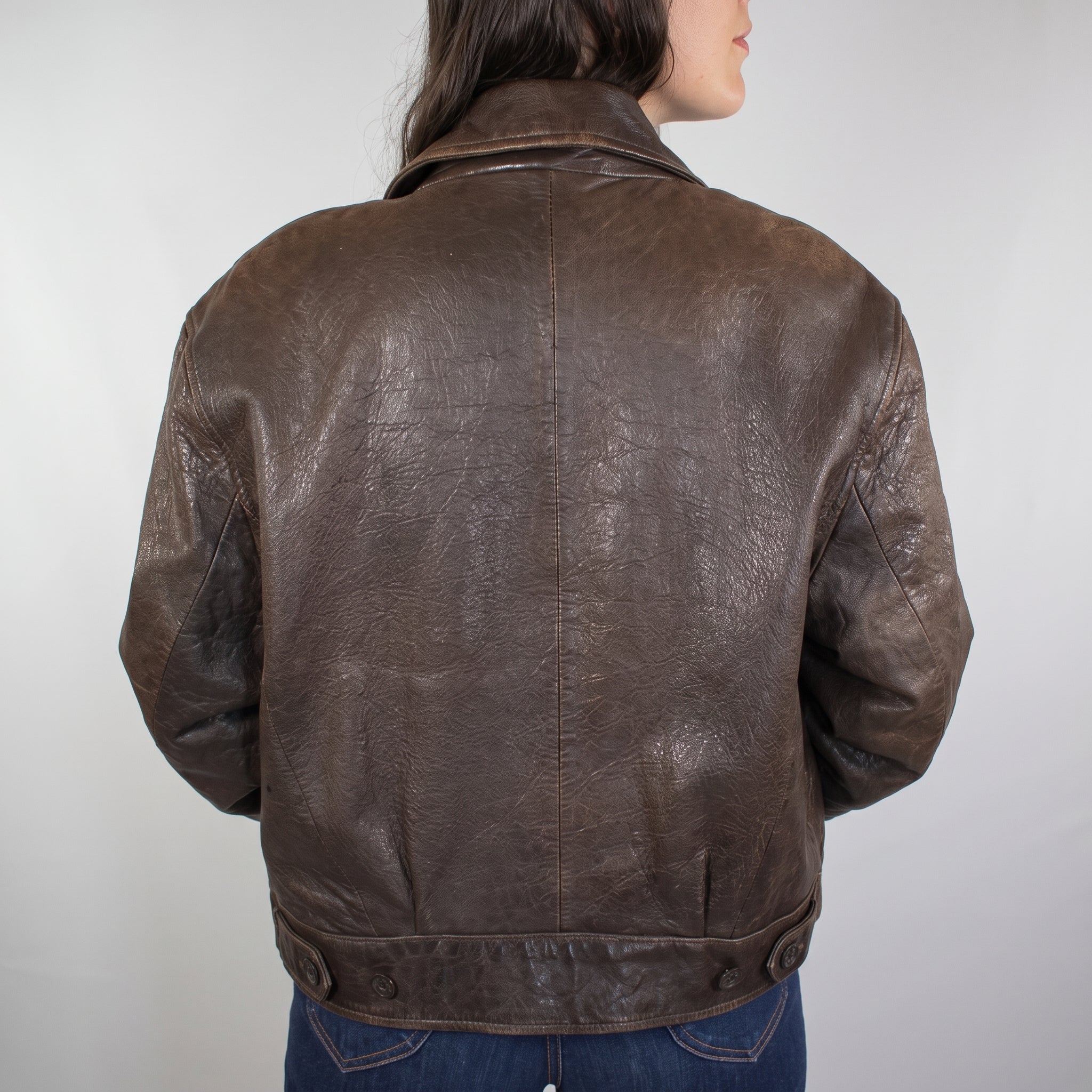 Brown Leather Oversized Jacket - Women's Distressed Button-Front Jacket