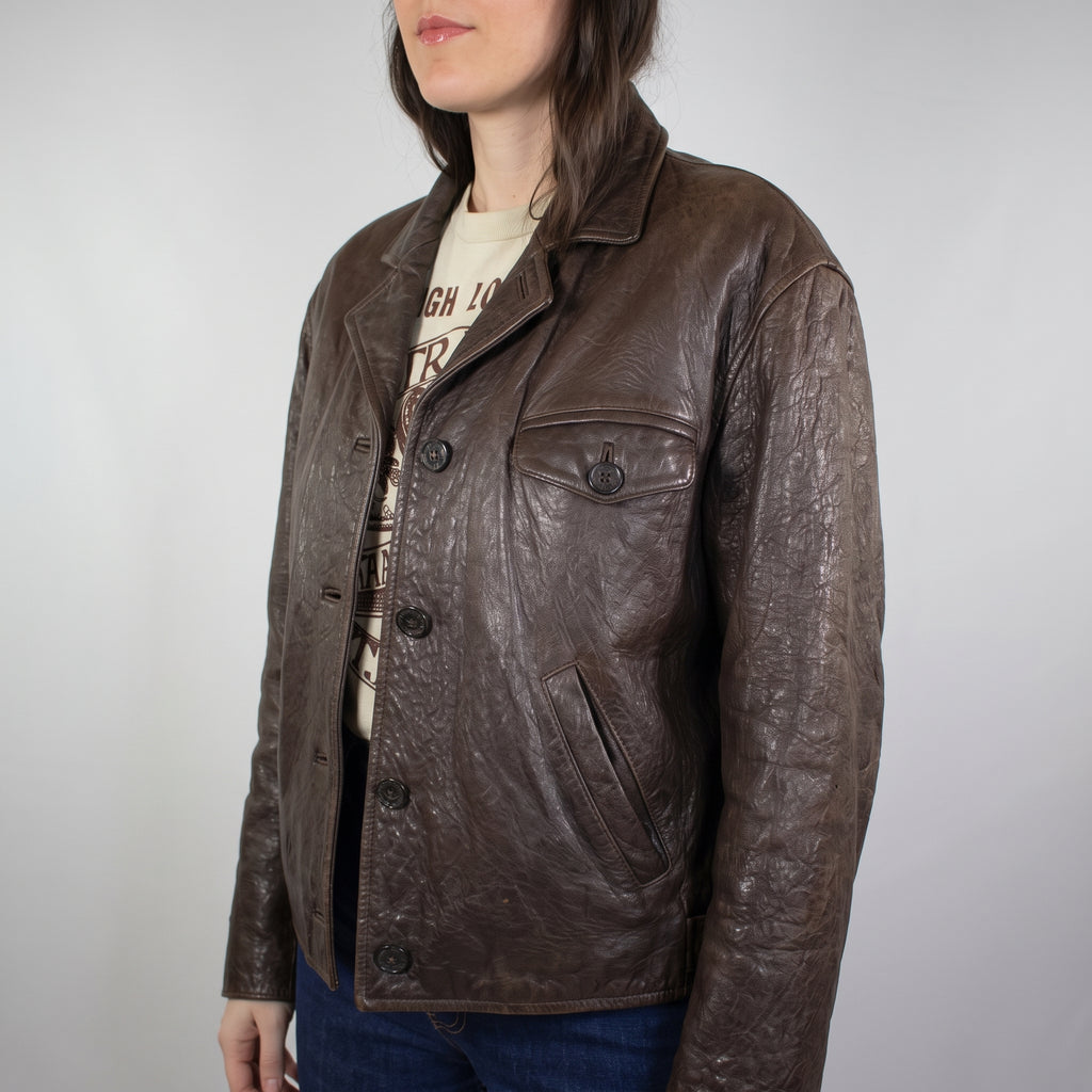 Brown Leather Oversized Jacket - Women's Distressed Button-Front Jacket