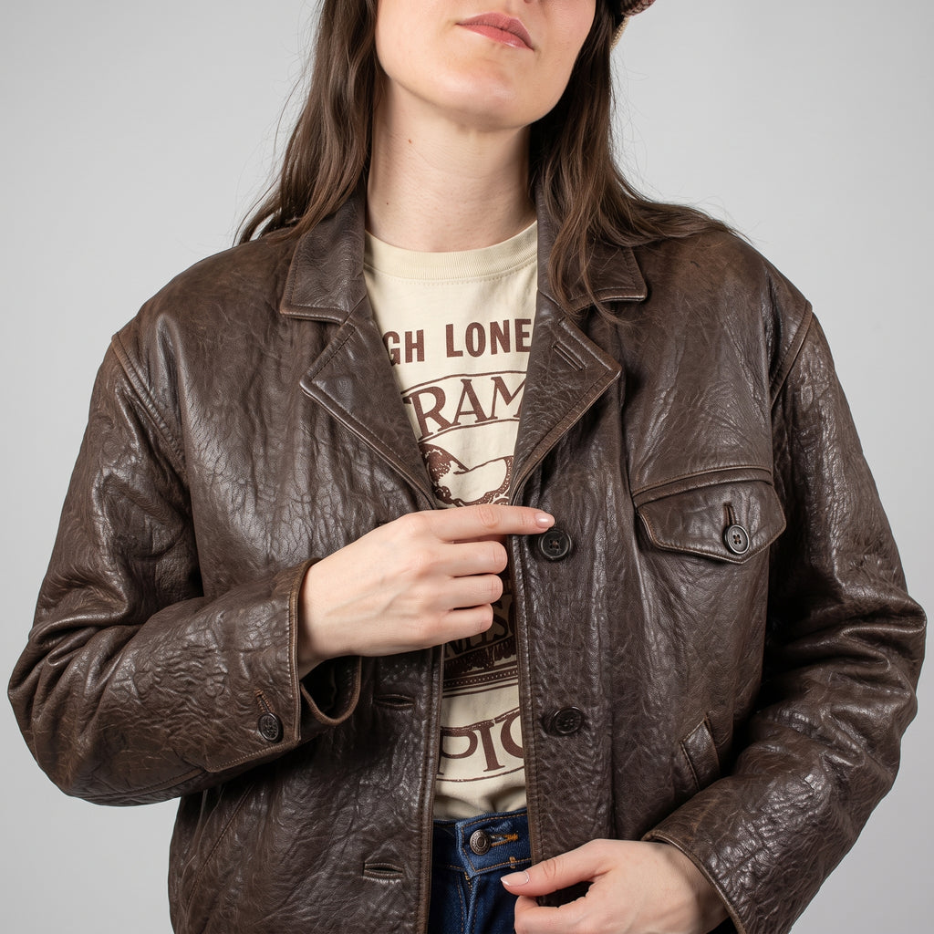 Brown Leather Oversized Jacket - Women's Distressed Button-Front Jacket