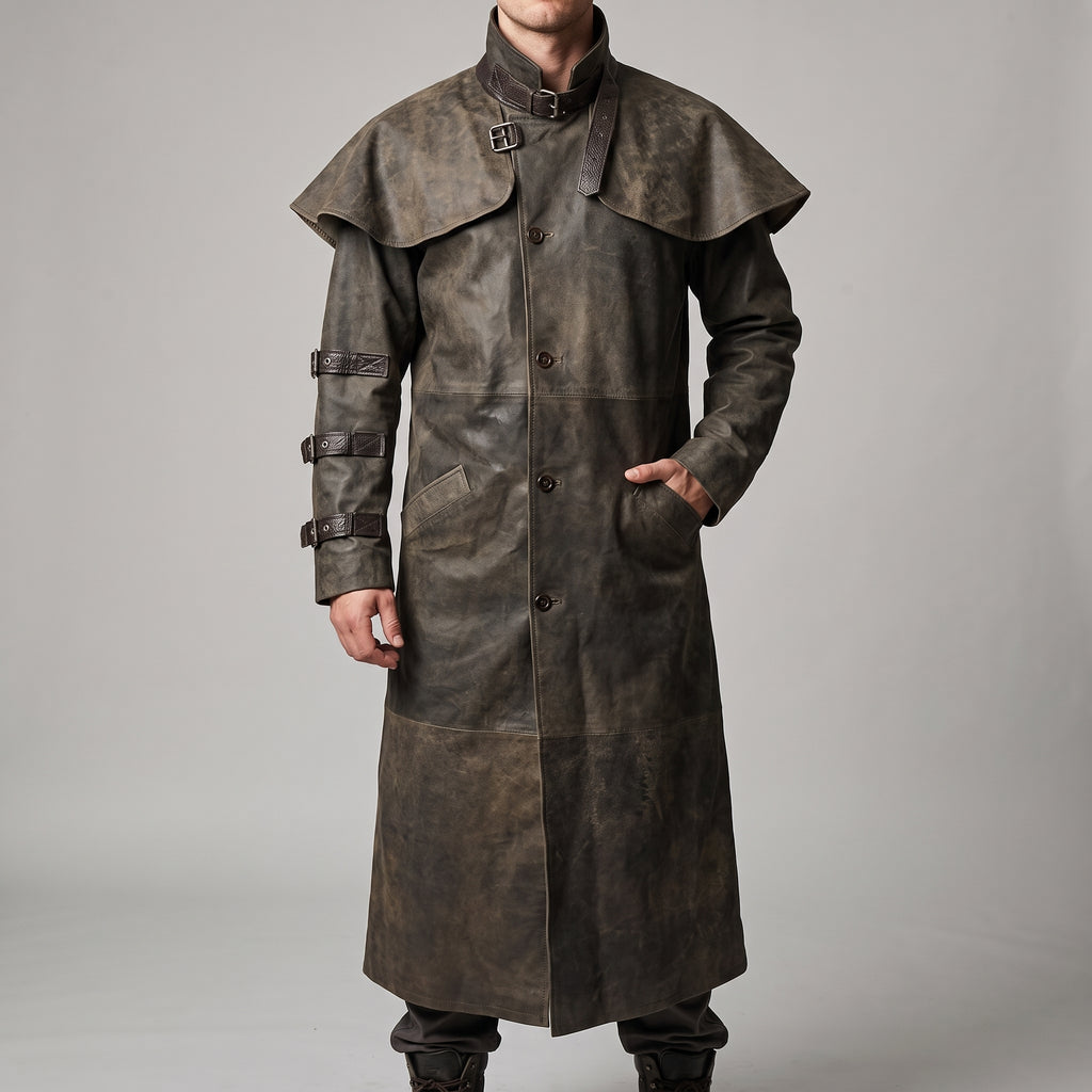 Distressed Brown Leather Duster Coat — Men's Cape-Collar Western Coat
